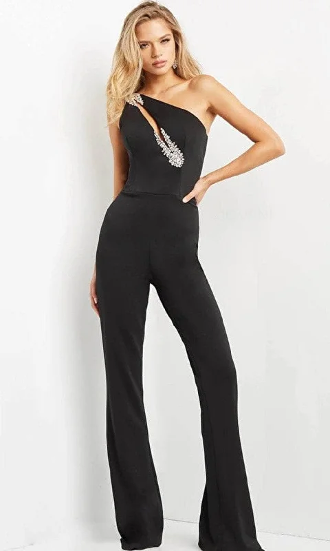 Plus size dresses featuring sequins sparkle subtly -Jovani 09019 - Asymmetric One Shoulder Jumpsuit