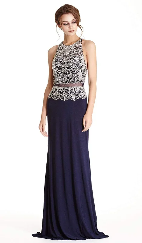 Plus size dresses featuring textured weaves add interest -Aspeed Design - Mock Two Piece Jeweled Fitted Prom Dress