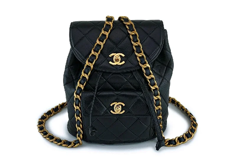 Designer backpack for high-end fashion enthusiasts -Chanel Vintage Black Lambskin Classic Quilted Backpack Bag 24k GHW