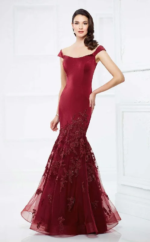 Plus size dresses for festive events shine loud -Mon Cheri 217952 Off Shoulder Lace Appliqued Mermaid Gown