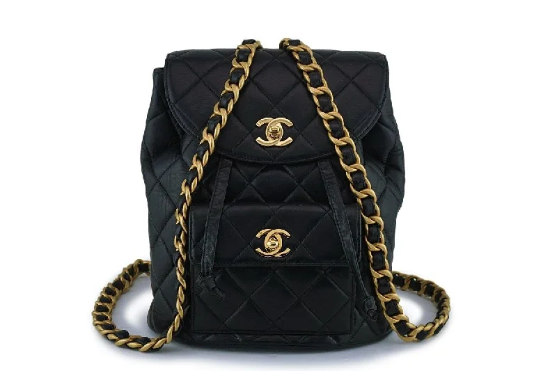 Brightly colored backpack for easy group spotting -Chanel Vintage Black Lambskin Classic Quilted Backpack Bag 24k GHW