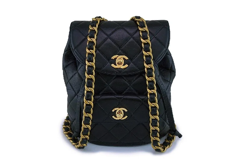 Rugged backpack for off-road motorcycle trips -Chanel Vintage Black Lambskin Classic Quilted Backpack Bag 24k GHW