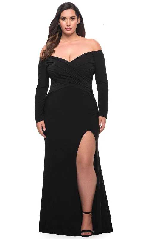 Plus size dresses for fancy nights shine bright -La Femme 29530 - Off Shoulder Long Sleeved Prom Dress