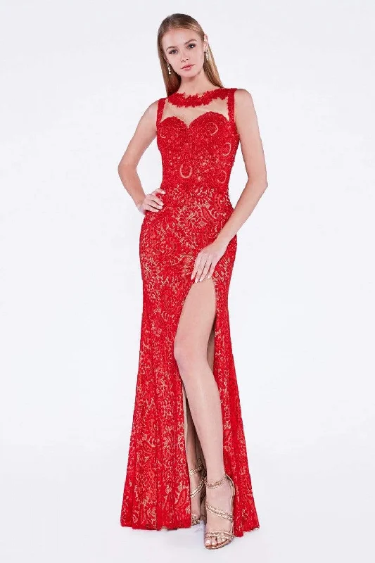 Plus size dresses with side ties cinch nicely -Cinderella Divine - Illusion Jewel Neck Lace Evening Gown with Slit