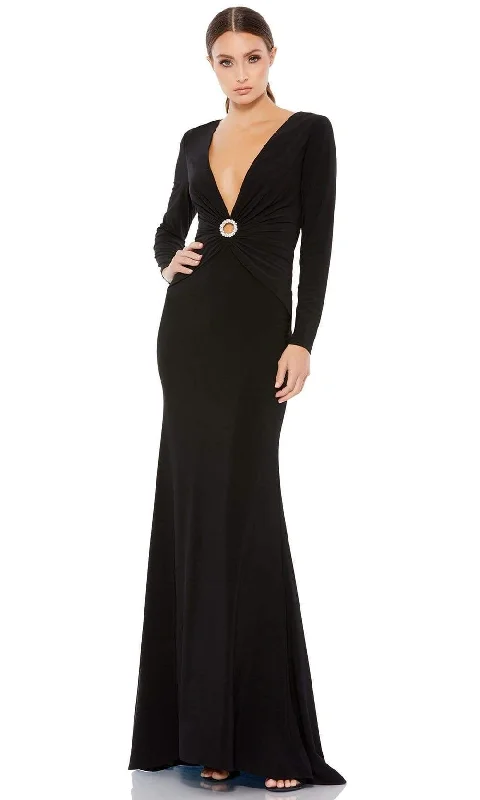 Plus size dresses with breathable layers stay airy -Ieena Duggal - 26514 Long Sleeve Fitted Gown With Plunging Neckline