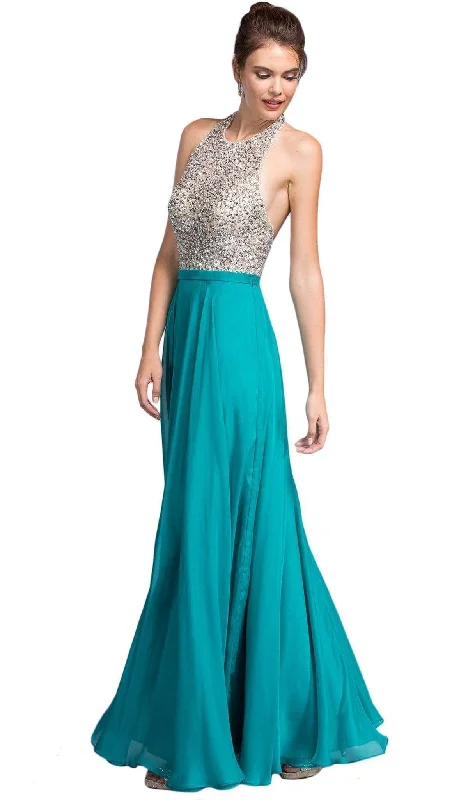 Plus size dresses with adjustable straps fit well -Aspeed Design - Embellished Halter Neckline A-line Prom Dress