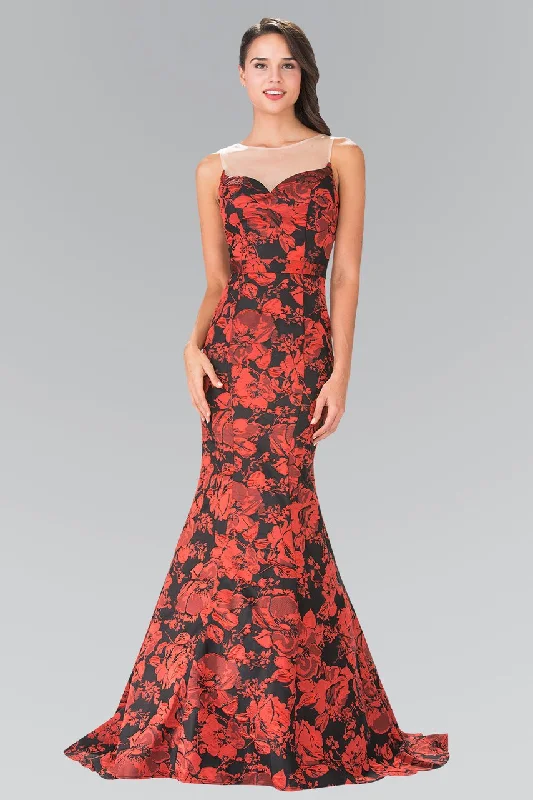 Chic plus size dresses for evenings drape perfectly -Elizabeth K - GL2246 Illusion Bateau Neckline with Floral Print Gown