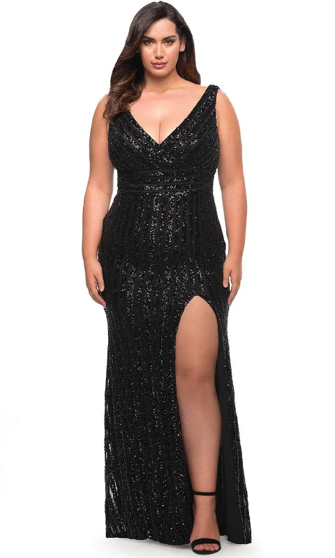 Plus size dresses with ruched details hide flaws -La Femme 30182 - Sequin Sleeveless Sheath Dress