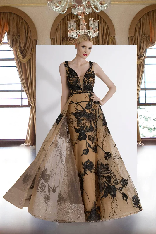 Classic plus size dresses in black suit everything -Janique - W2185 Floral Lace Tulle Gown