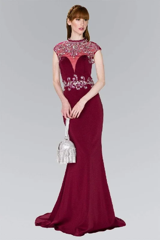 Plus size dresses featuring geometric prints are trendy -Elizabeth K - GL2426 Cap Sleeve Bejeweled High Neck Trumpet Gown