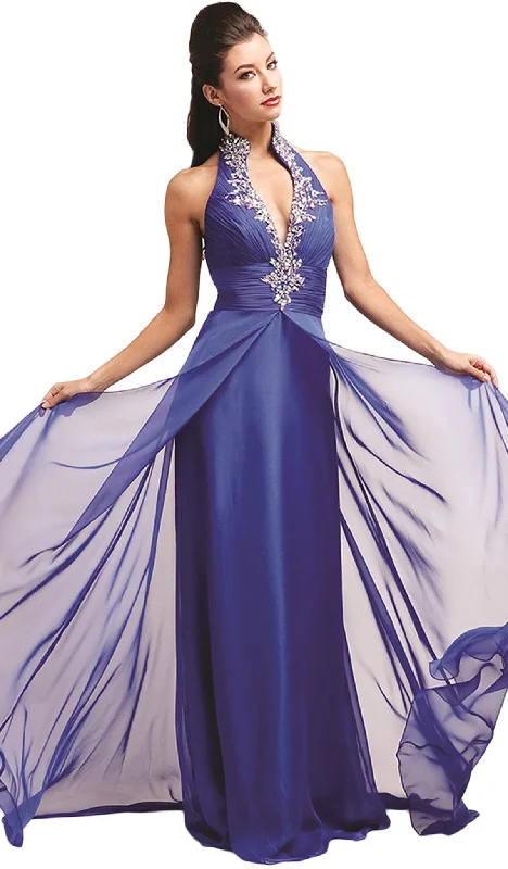 Plus size dresses with elastic waists stretch easily -Cinderella Divine - Crystal Embellished Ruched High Neck Evening Dress