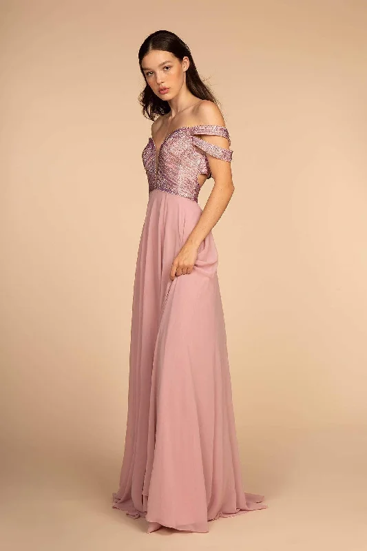 Plus size dresses for long days support fully -Elizabeth K - GL2527 Jeweled Bodice Plunging Off Shoulder Gown