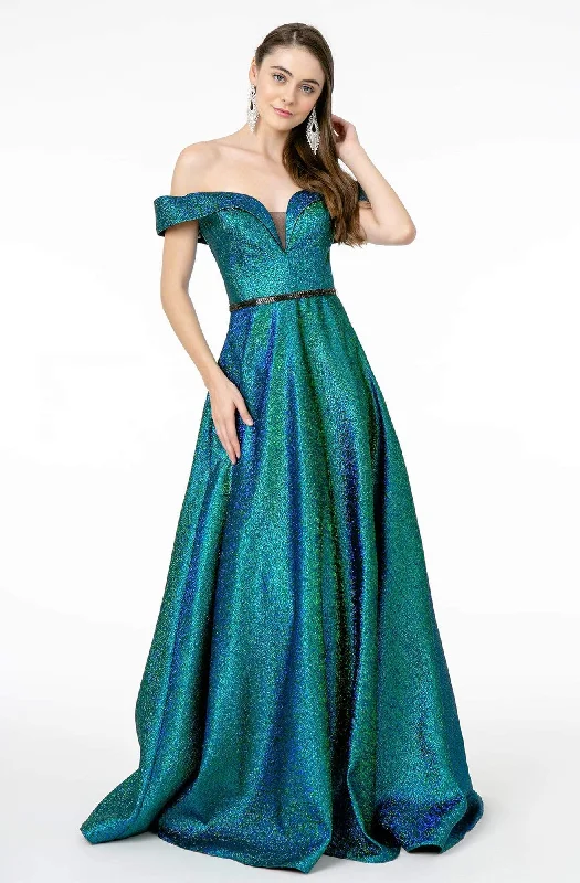 Plus size dresses with vibrant shades feel fun -Elizabeth K - GL2982 Folded Off Shoulder Metallic Lame A-Line Gown