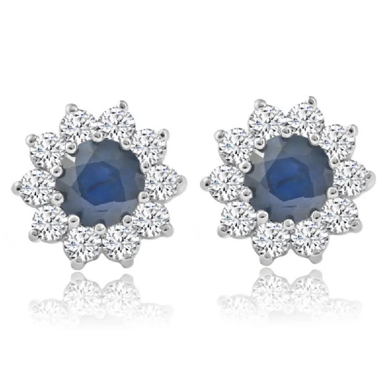 Best hoop earrings with geometric triangle shapes for a modern, chic design-1 3/4ct Blue Sapphire & Diamond Halo Studs Earrings 14K White Gold