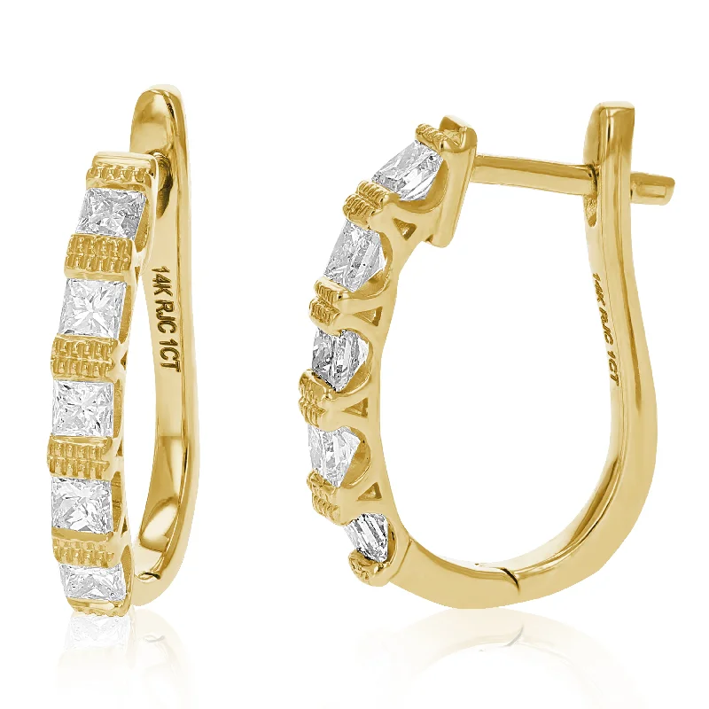 Best hoop earrings with oval shapes for a unique and elongated design-1 cttw Princess Diamond Hoop Earrings 14K Yellow Gold Milgrain Prong Set 3/4 Inch