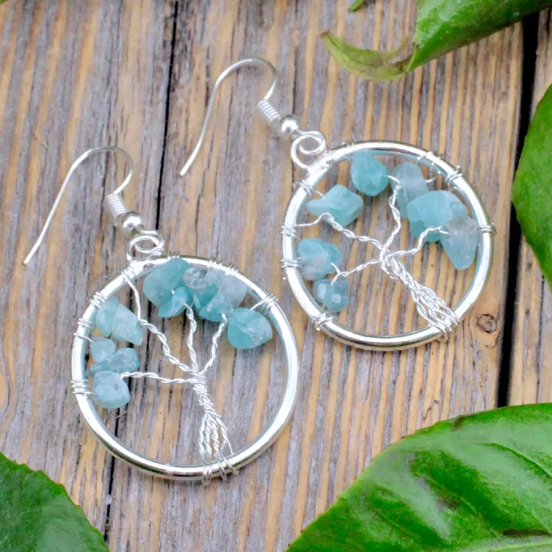 Best hoop earrings with geometric shapes for a modern and artistic appeal-Aquamarine Tree of Life Earring