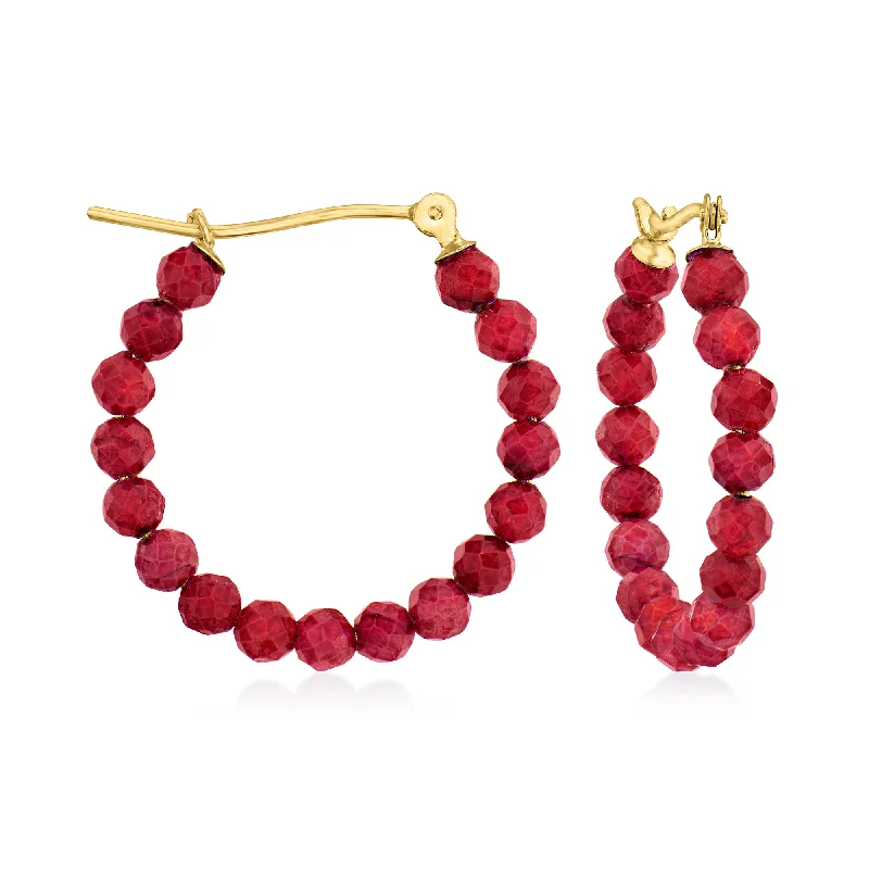 Small hoop earrings for a delicate and understated everyday wear-Canaria Ruby Bead Hoop Earrings in 10kt Yellow Gold