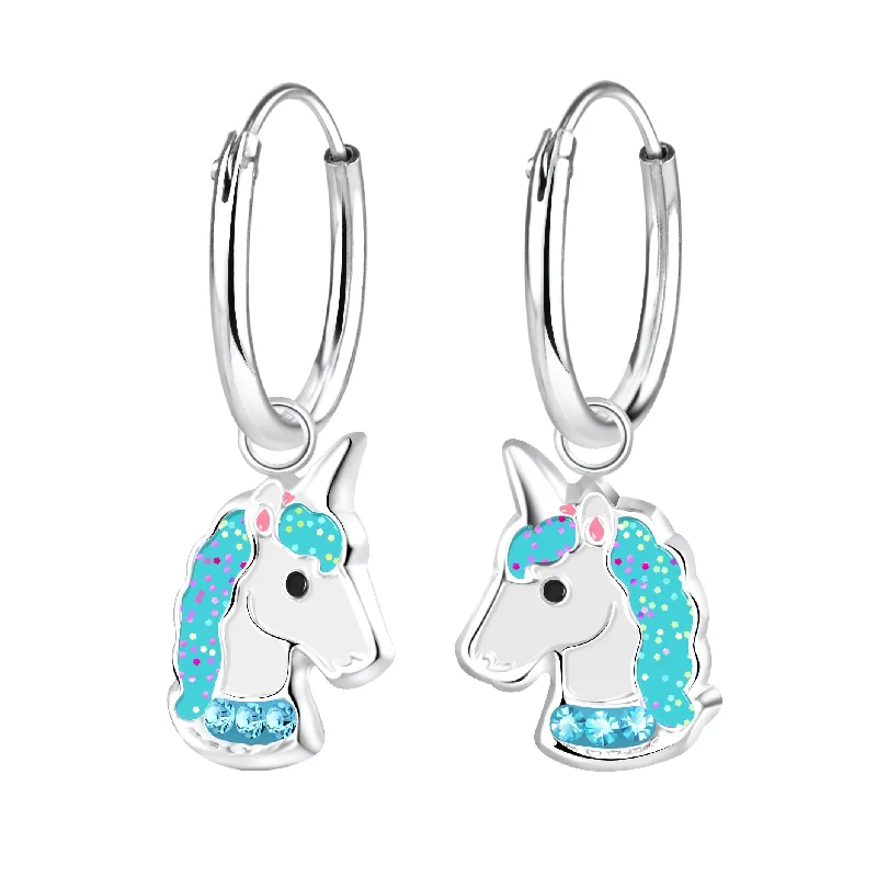 Best hoop earrings with baroque pearls for a luxurious and elegant vibe-Children's Sterling Silver 'Blue Sparkle Unicorn' Hoop Earrings