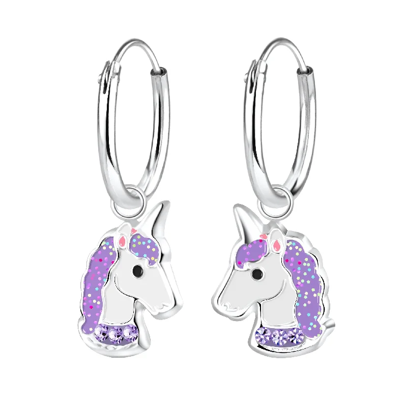 Best hoop earrings with matching bracelets for a coordinated jewelry set-Children's Sterling Silver 'Purple Sparkle Unicorn' Hoop Earrings