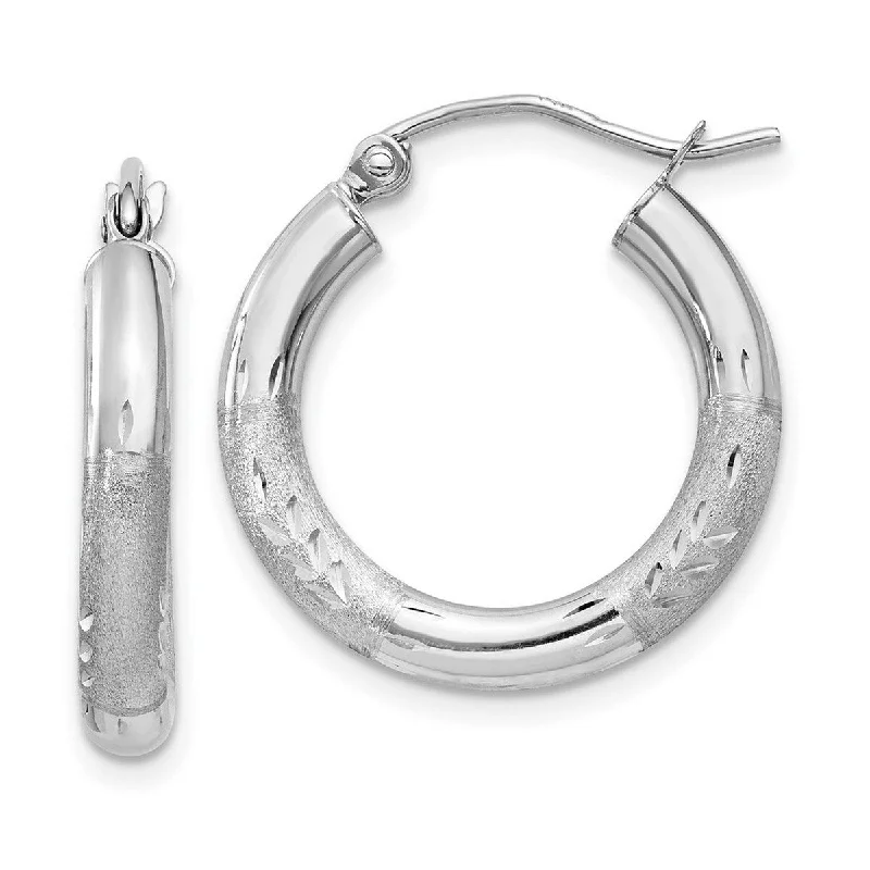 Best hoop earrings with textured silver for a rustic and organic finish-Curata 10k White Gold Satin and Sparkle Cut 3x20mm Round Hoop Earrings