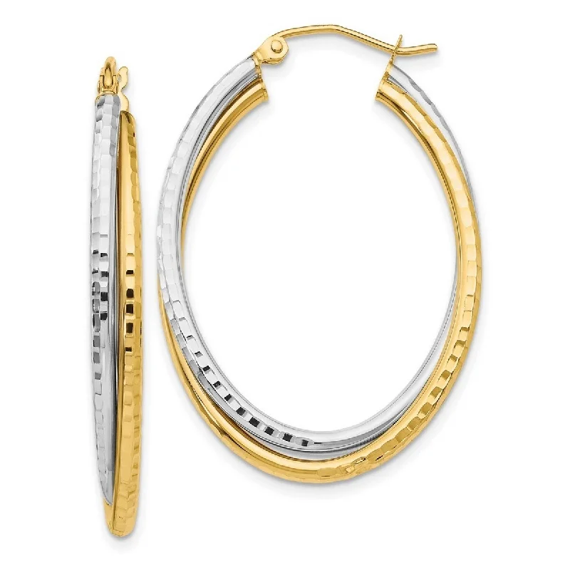 Best hoop earrings with geometric triangle shapes for a modern, chic design-Curata 14K Two-tone Gold 22x5mm Double Diamond-cut Oval Hoop Earrings