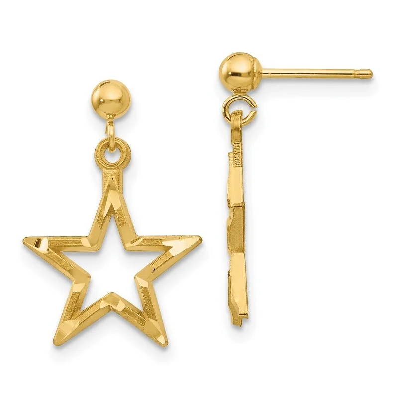 Hoop earrings with leather accents for a sleek and bold combination-Curata 14k Yellow Gold Satin Sparkle Cut Star Dangle Post Earrings 21x13mm