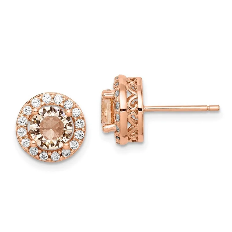 Medium hoop earrings for an everyday look with the perfect balance of style-Curata 925 Sterling Silver Rose-gold-plated Round Peach Simulated Morganite Halo Post Earrings (9mm)