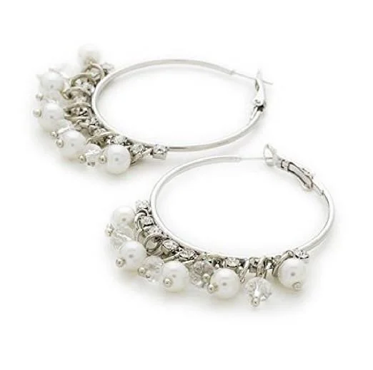 Hoop earrings with polished silver finish for a shiny, modern appeal-Designer Style Silver Tone and Crystal Diamante 'Ocean Pearl Sparkle' Hoop Earrings