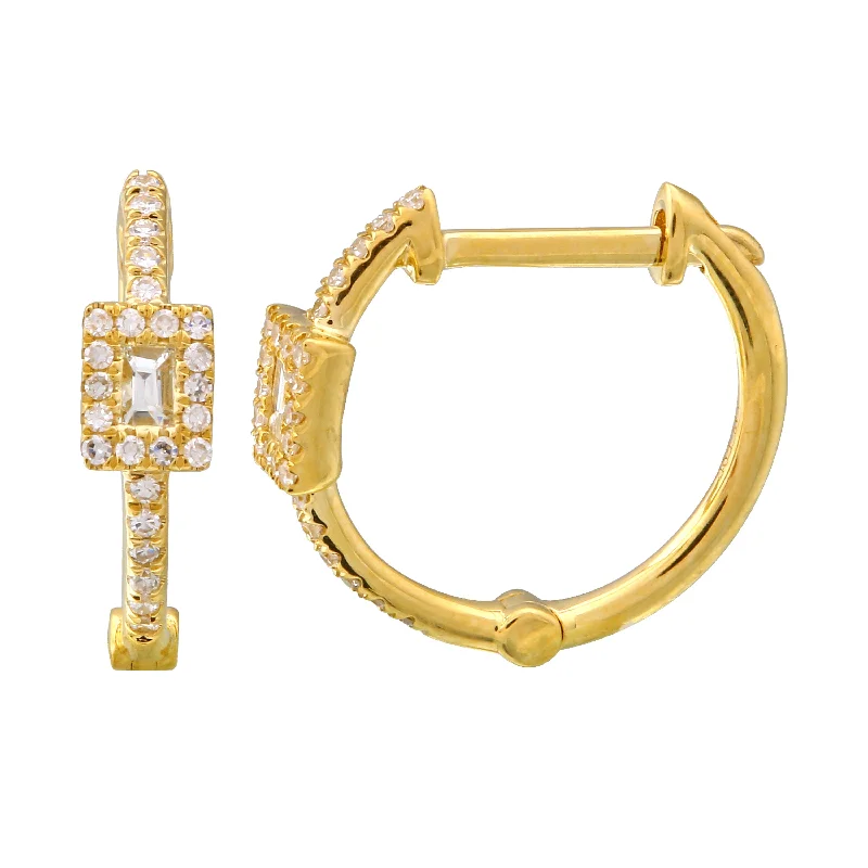 Hoop earrings with a chunky design for a bold and trendy statement-Diamond Baguette Halo Huggies