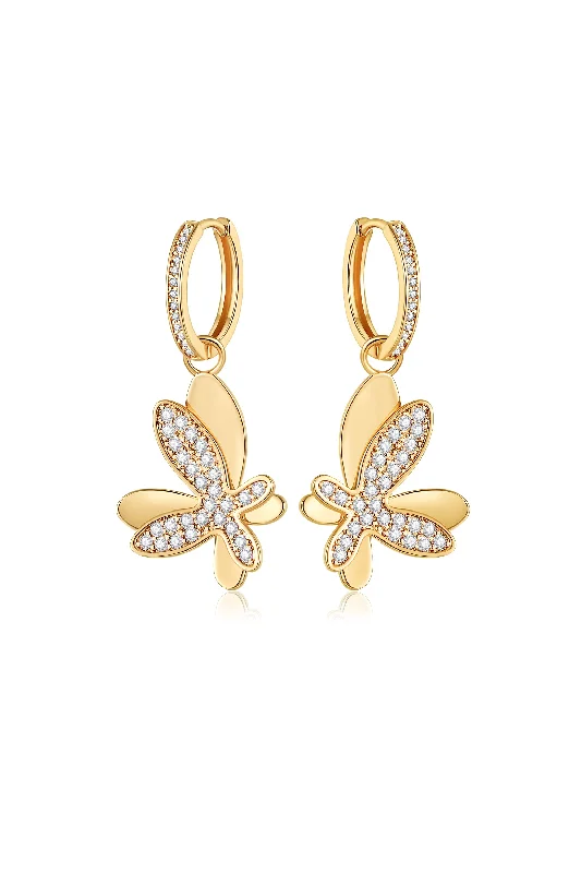 Best hoop earrings with multi-colored gemstones for a vibrant and lively touch-Gold Pavé Diamond Butterfly Dangle Drop Hoop Earrings