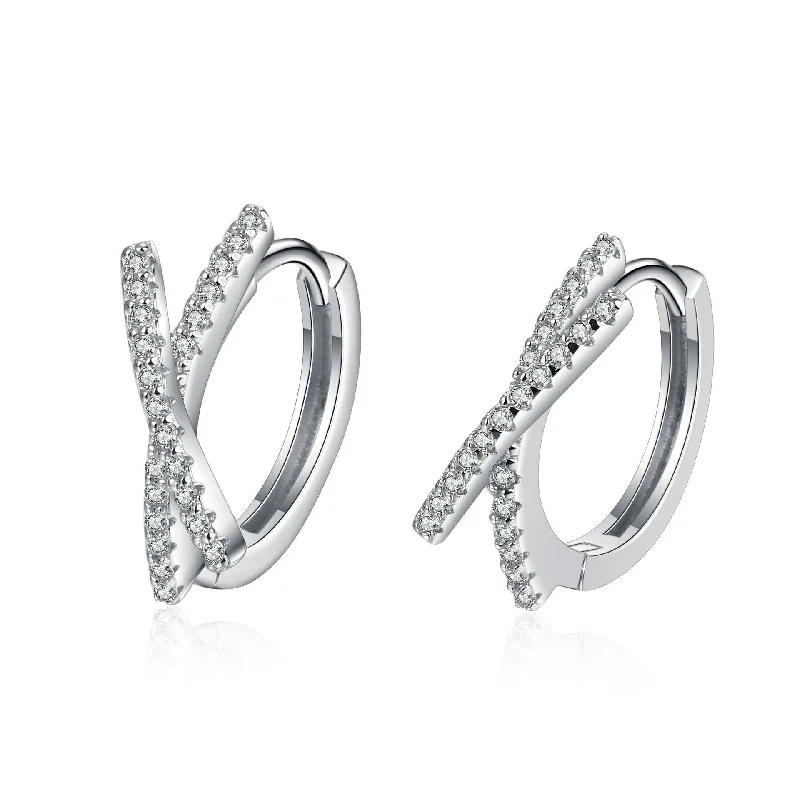 Hoop earrings with braided patterns for a detailed and textured finish-Letter X Sterling Silver Round Moissanite Huggie Earrings