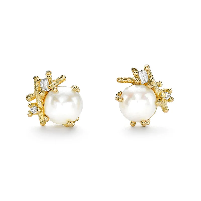 Best hoop earrings with asymmetrical designs for a fashion-forward, avant-garde look-Pearl and Baguette Diamond Studs