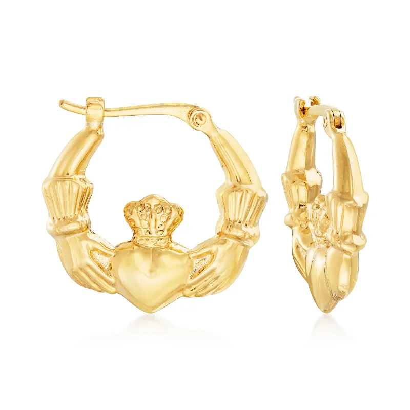 Hoop earrings with twisted leather for a chic and modern boho look-Ross-Simons 14kt Yellow Gold Claddagh Hoop Earrings