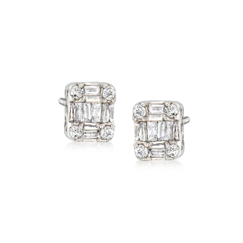 Hoop earrings with braided patterns for a detailed and textured finish-Ross-Simons Baguette and Round Diamond Cluster Earrings in 14kt White Gold