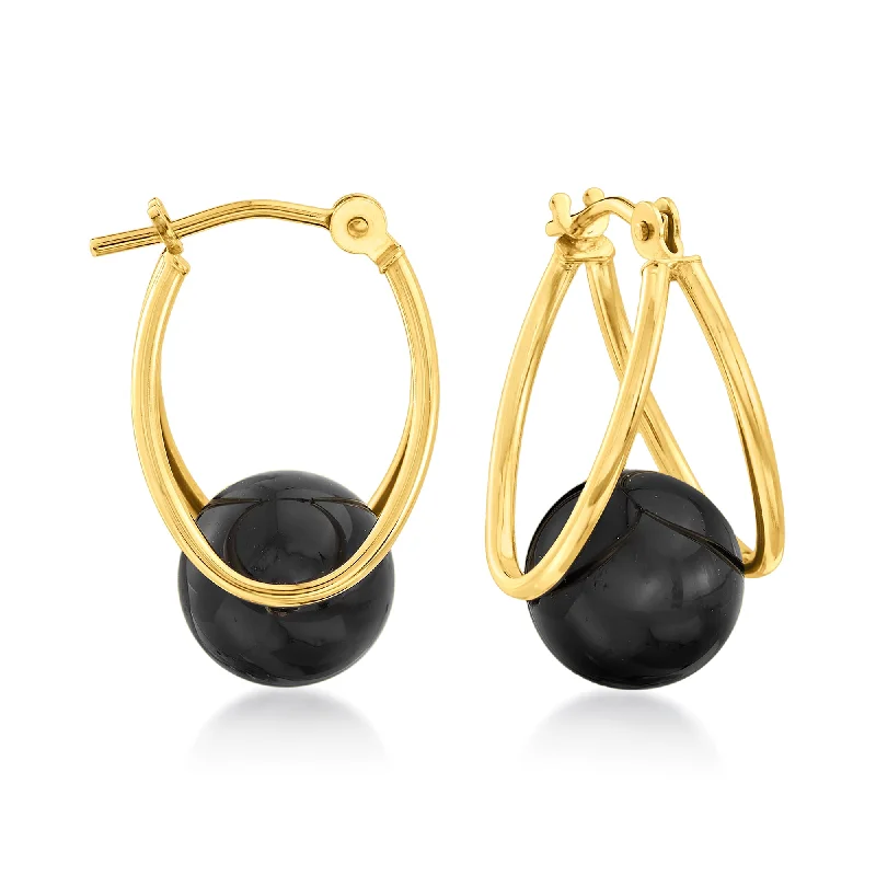 Hoop earrings with rhinestone embellishments for a glamorous and sparkling look-Ross-Simons Black Onyx Double-Hoop Earrings in 14kt Yellow Gold