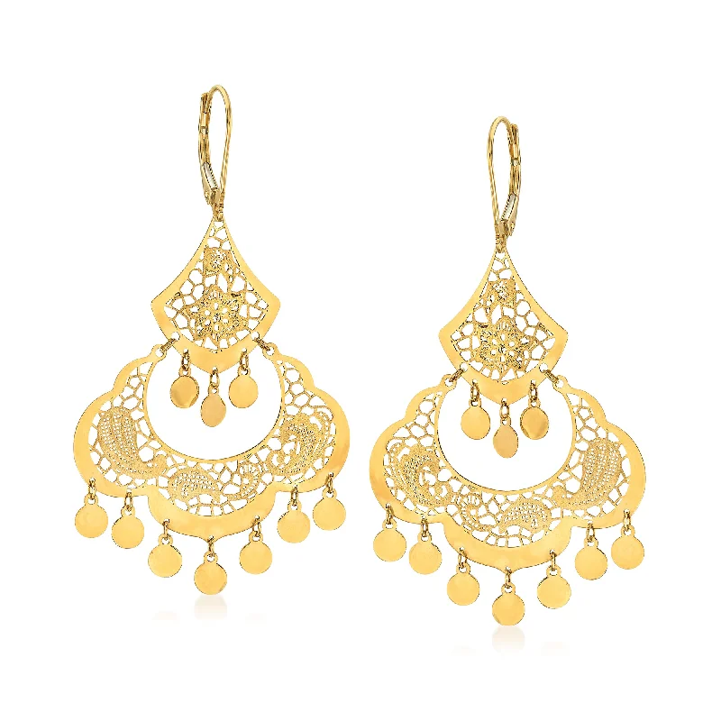 Hoop earrings with luxe velvet finishes for a rich and luxurious touch-Ross-Simons Italian 14kt Yellow Gold Filigree Chandelier Earrings