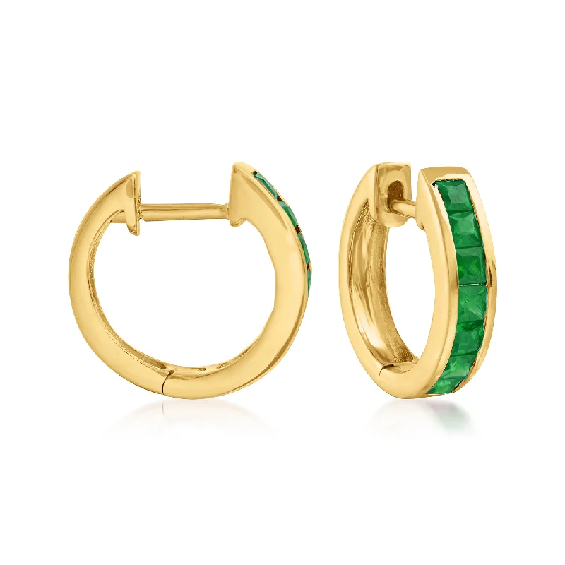 Hoop earrings with hearts for a sweet and romantic gesture-Ross-Simons Square-Cut Emerald Huggie Hoop Earrings in 14kt Yellow Gold