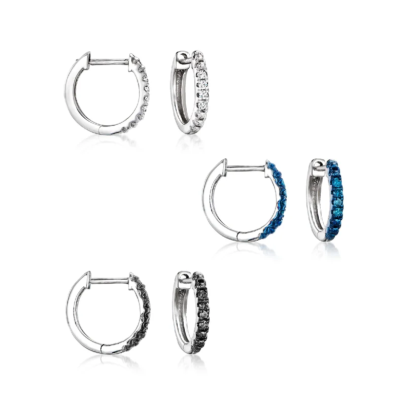 Best hoop earrings with stacked layers for a dimensional and bold look-RS Pure by Ross-Simons Multicolored Diamond Jewelry Set: 3 Pairs Of Huggie Hoop Earrings in Sterling Silver