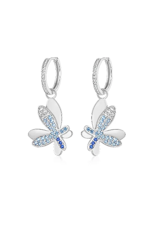 Best hoop earrings with lever-back closures for secure and easy wear-Silver Gradient Blue Pavé Diamond Butterfly Dangle Drop Hoop Earrings