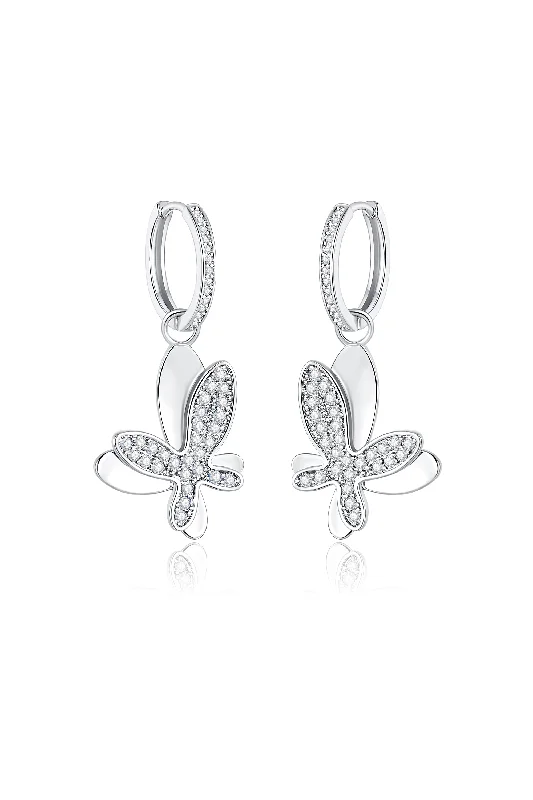 Hoop earrings with enamel stripes for a colorful and eye-catching design-Silver Pavé Diamond Butterfly Dangle Drop Hoop Earrings