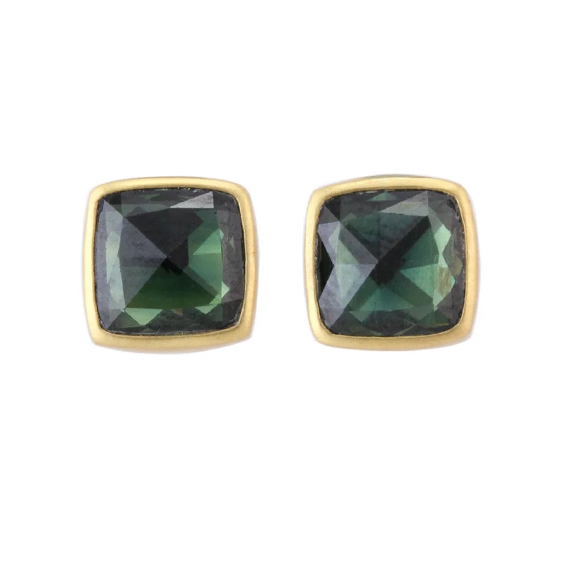 Hoop earrings with intricate designs for a unique and artistic appearance-Square Green Sapphire Studs