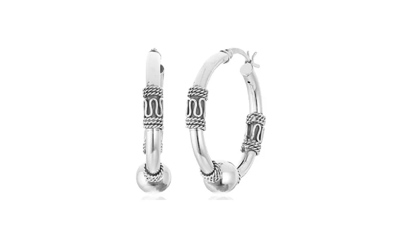 Hoop earrings with oversized pearl accents for a statement-making look-Sterling Silver Balinese Beaded Hoop Earrings