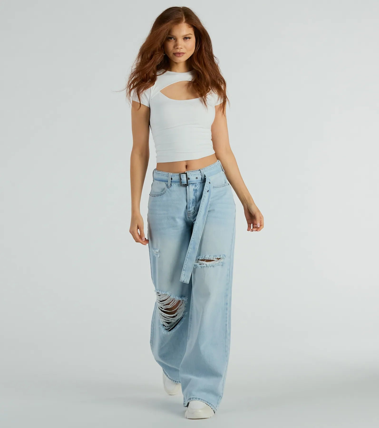 Travel Jeans for On-the-go -Cool Vibes High-Rise Belted Destructed Wide-Leg Jeans