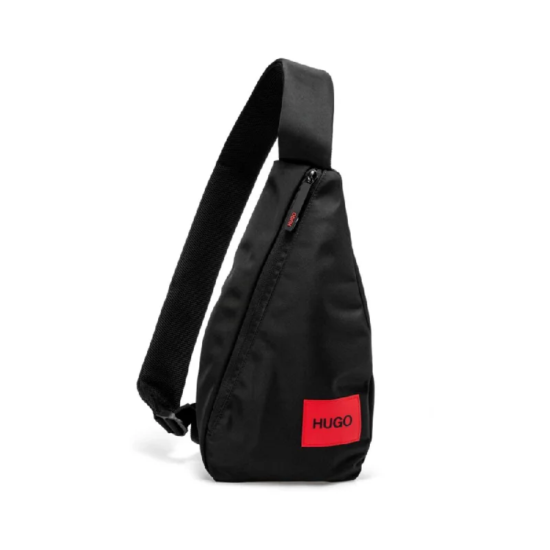 Expandable travel backpack for extra souvenir space -HUGO BOSS - Recycled Fabric Mono Strap Backpack With Red Logo Label